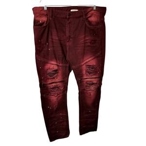 M652)Smoke Rise Burgundy Biker Distressed Splatter Zipper Tapper Jeans Sz 42/32